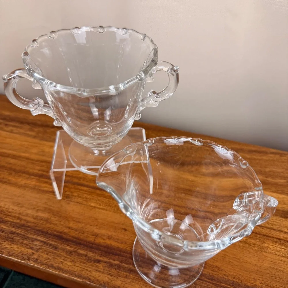 Vintage Fostoria Century Glass Creamer & Sugar Bowl Set Scalloped Edge Pedestal